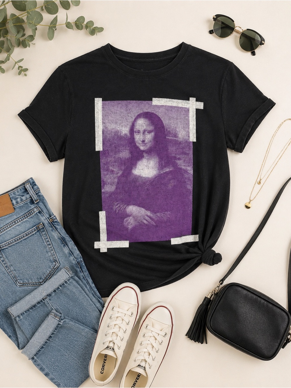 Black Mona Lisa Graphic Tee — Purple Print